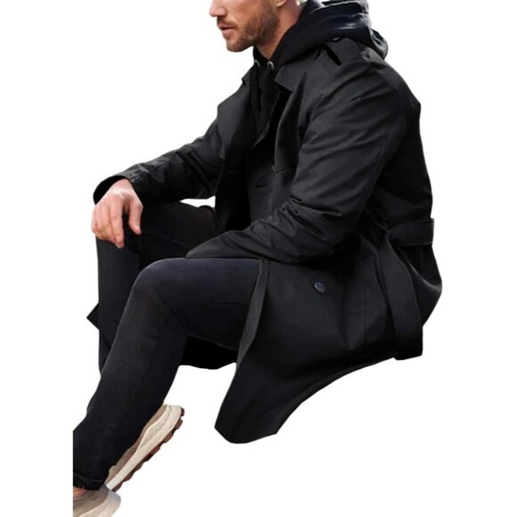 🆕 Men Black Double Breasted Long Jacket Notched Lapel Belt Fall Trench Coat Fit - Picture 2 of 7